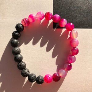 Pink Agate and Lava Rock Essential Oil Diffusing Beaded Crystal Stretch Bracelet